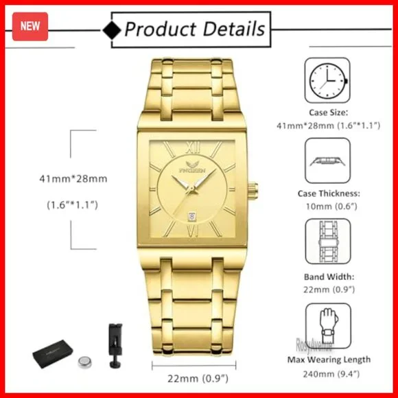 Men's Square Stainless Steel Analog Quartz Watch with Auto Date - Picture 6 of 7